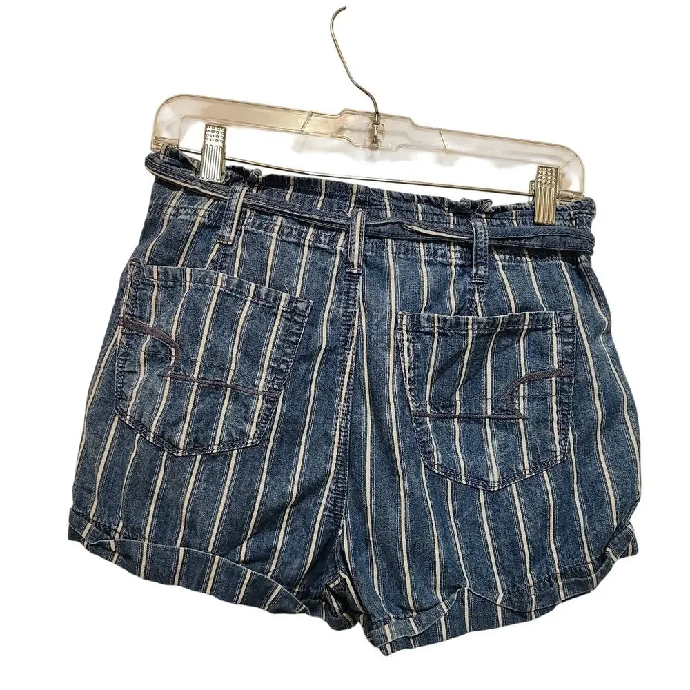 American Eagle Blue Striped Denim Belted Pleated Cotton Paperbag Shorts Size 4